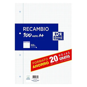 Oxford Recambio Formato A4 Cuadriculado 4x4mm 4 Taladros - 80 Hojas + 20 Gratis 90gr con Margen