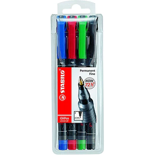 Stabilo OHPen Pack de 4 Rotuladores Permanentes - Punta Fina - Trazo de 0.7mm - Agarre Antideslizante - Tapon Ventilado - Colores Surtidos