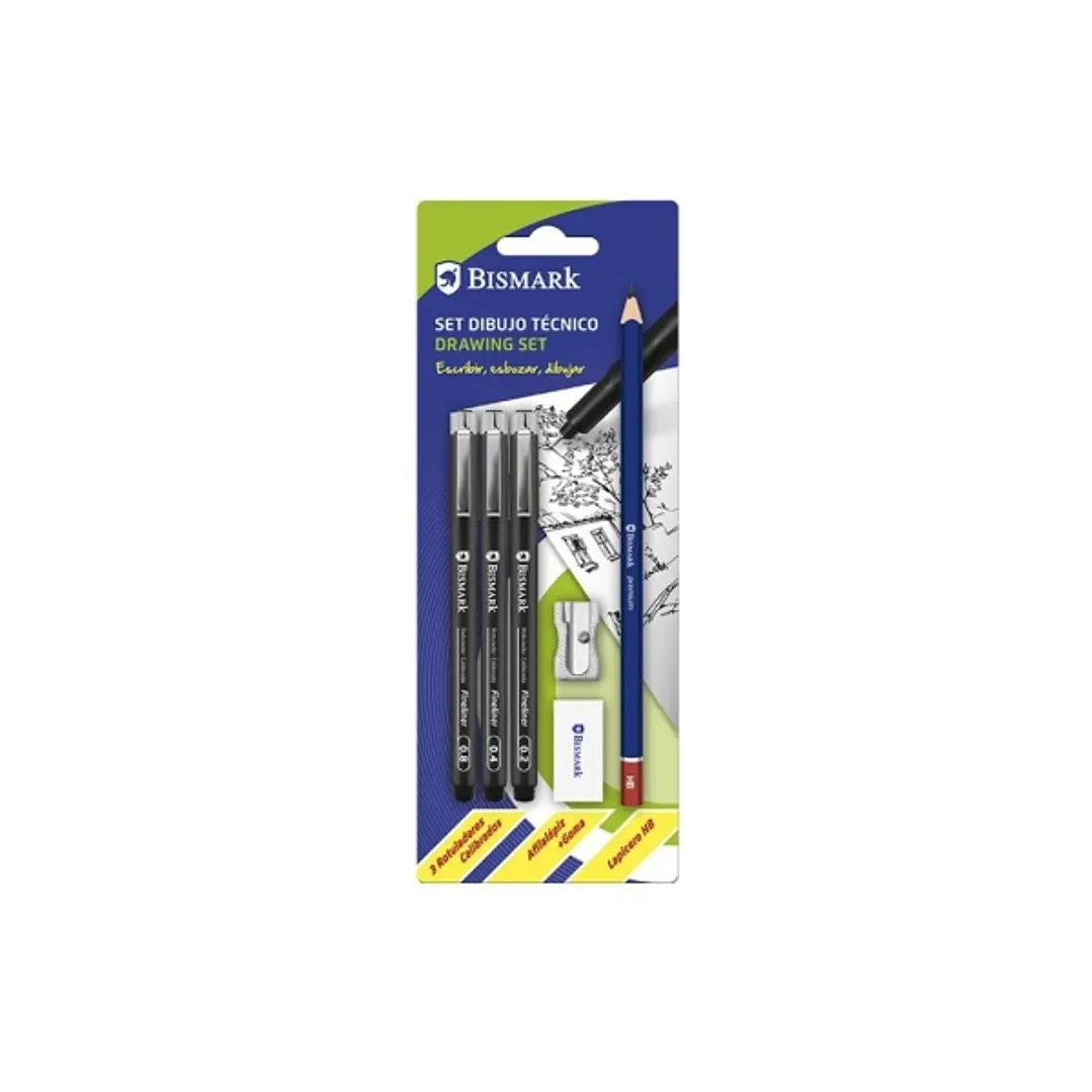 Bismark Pack Escolar con 3 Rotuladores Calibrados Color Negro 0.2, 0.4, 0.8mm, Lapicero HB, Goma, Afilalapiz 1
