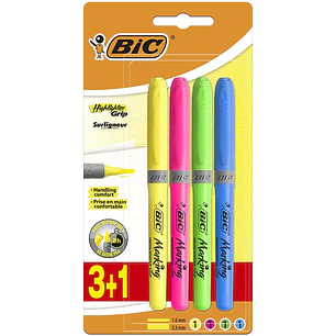 Bic Highlighter Grip Pack de 4 Marcadores Fluorescentes - Tinta con Base de Agua - Punta Biselada - Trazo entre 1.60 y 3.30mm - Colores Surtidos