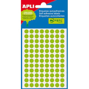 Apli Minibolsa de 288 Etiquetas Redondas Ø 8mm - 3 Hojas por 96 Etiquetas - Adhesivo Permanente - Color Verde Fluor