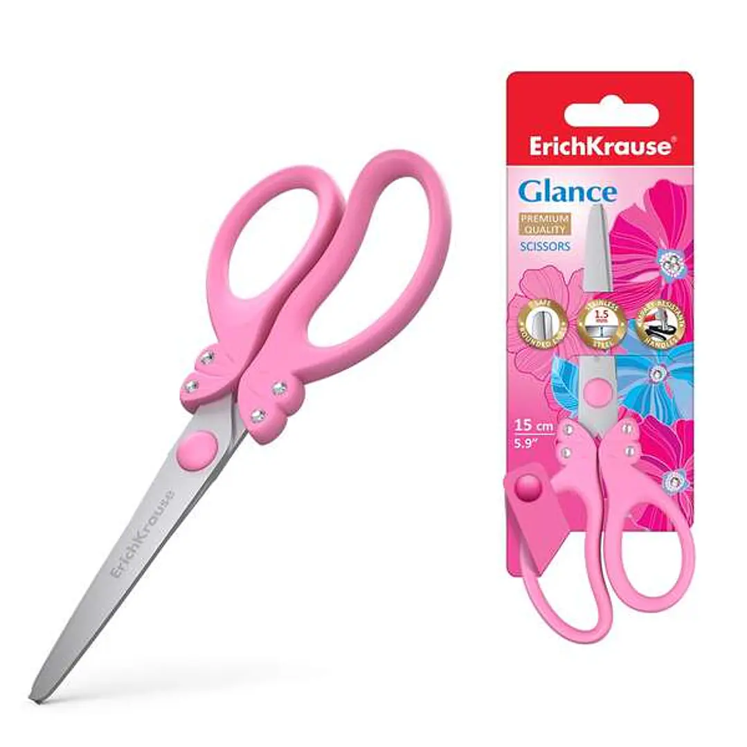 Erichkrause Glance Tijeras con Cuchillas de Acero Inoxidable 15cm - Extremos Redondeados - Mangos Ergonomicos - Colores Aleatorios Rosa y Morado 1