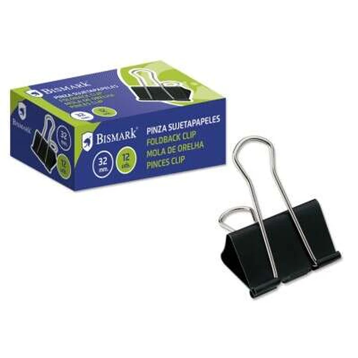 Bismark Pack de 12 Pinzas Sujetapapeles Metalica de 32mm - Pala Abatible - Color Negro 1