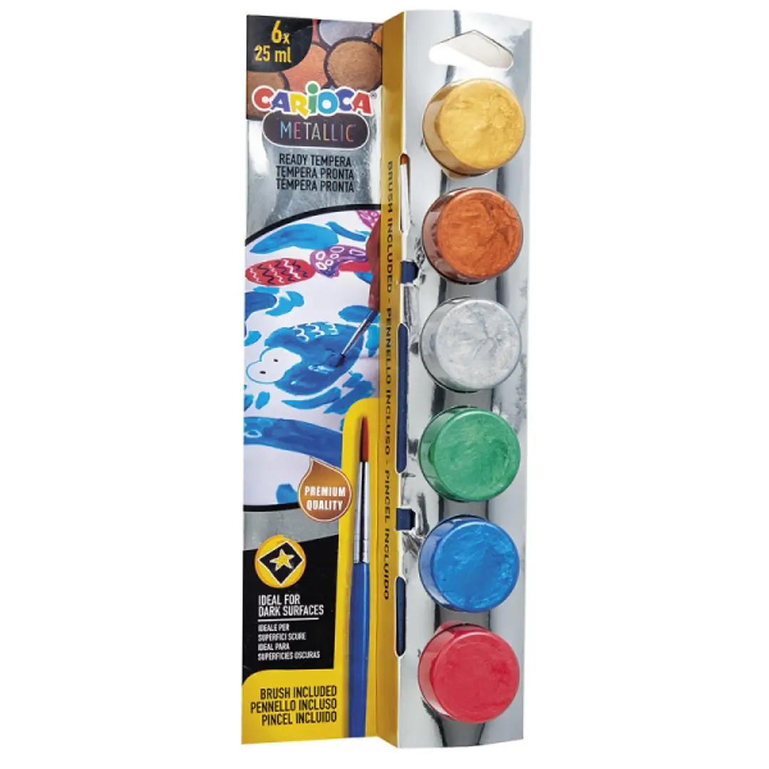Carioca Metallic Pack de 6 Temperas en Botes de 25ml + Pincel - Superlavables - Mezclables - Colores Metallic Surtidos 1