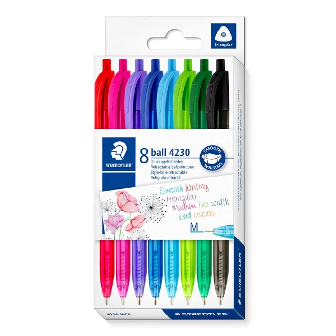 Staedtler 4230 M Pack con 8 Boligrafos Retractiles - Punta 1mm - Ancho de Linea Medio - Diseño Triangular - Colores Surtidos 1