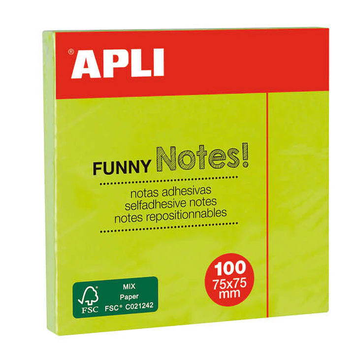 Apli Notas Adhesivas Funny 75x75mm - Bloc de 100 Hojas - Adhesivo de Calidad - Facil de Despegar - Color Verde Fluorescente 1