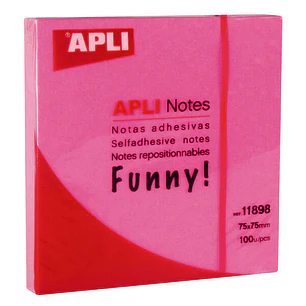 Apli Funny Bloc de 100 Notas Adhesivas 75x75mm - Adhesivo de Calidad - Facil de Despegar - Color Rosa Fluor