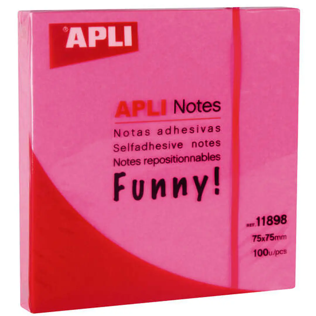 Apli Funny Bloc de 100 Notas Adhesivas 75x75mm - Adhesivo de Calidad - Facil de Despegar - Color Rosa Fluor 1