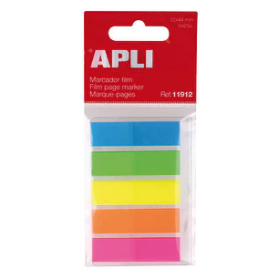 Apli Indices Adhesivos Film 45x12mm 5 Colores Fluorescentes - 25 Indices por Color - Facil de Pegar y Despegar - Ideal para Marcar y Organizar - Pract