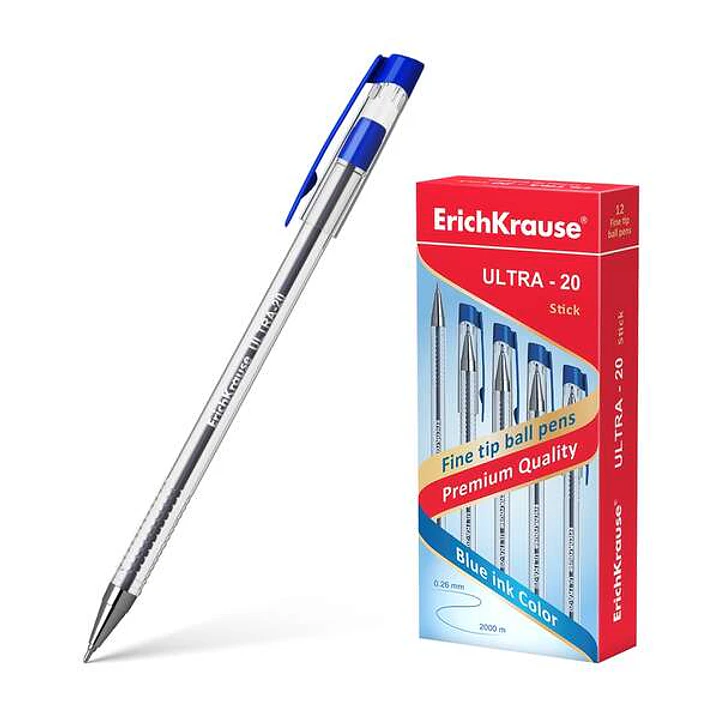 Erichkrause Boligrafo Ultra-20 - Punta Metalica de Tipo Aguja - Cuerpo Redondo Transparente con Grip - Tinta de Baja Viscosidad - Color Azul 1