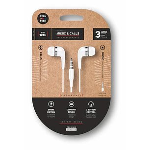 TechOneTech Soft EearTech Auriculares Intraurales - Microfono Integrado - Mini Jack 3.5mm - Cable de 1.20m - Blanco