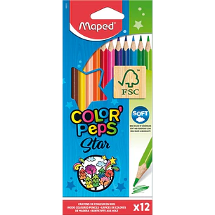 Maped Color´Peps Star Pack de 12 Lapices de Colores Triangulares - Mina Suave - Madera Certificada FSC - Colores Surtidos