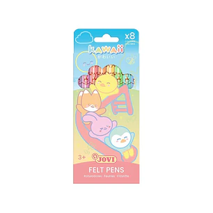 Jovi Kawaii Felt Pens Pack con 8 Rotuladores Punta Media de 3mm - Capuchon de Seguridad Ventilado - Grip Triangular Ergonomico - Colores Surtidos