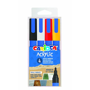 Carioca Acrylic Pack de 4 Marcadores de Pintura Acrilica - Punta Redonda Media 1.8-2.5mm - Tinta a Base de Agua - Alta Cobertura - Colores Surtidos