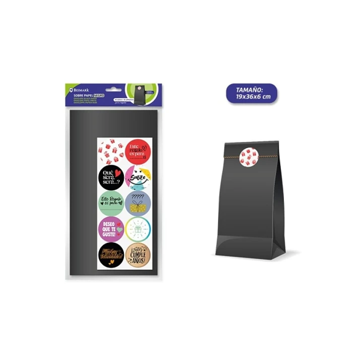Bismark Pack de 10 Sobres Papel Kraft 50grs con 10 Pegatinas para Cierre - Medidas 19x36x6cm - Ideal para Regalos - Color Negro 1
