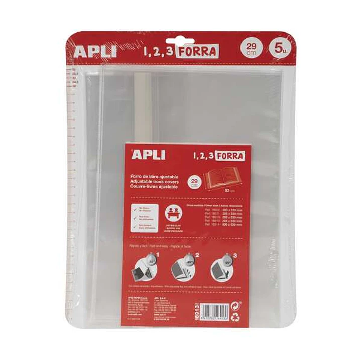 Apli Pack de 5 Forros para Libros 290mm de Polipropileno 75 micras - Solapa Autoajustable - Facil Forrado en 3 Pasos - Sin Necesidad de Cortar ni Usar 1