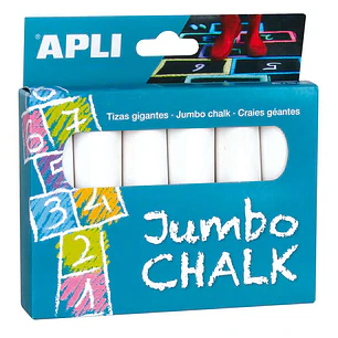 Apli Pack de 6 Tizas Redondas Jumbo - Tamaño Ø 25 x 105mm - Sulfato de Calcio Bajo en Residuo - Aptas para Uso Escolar - Color Blanco