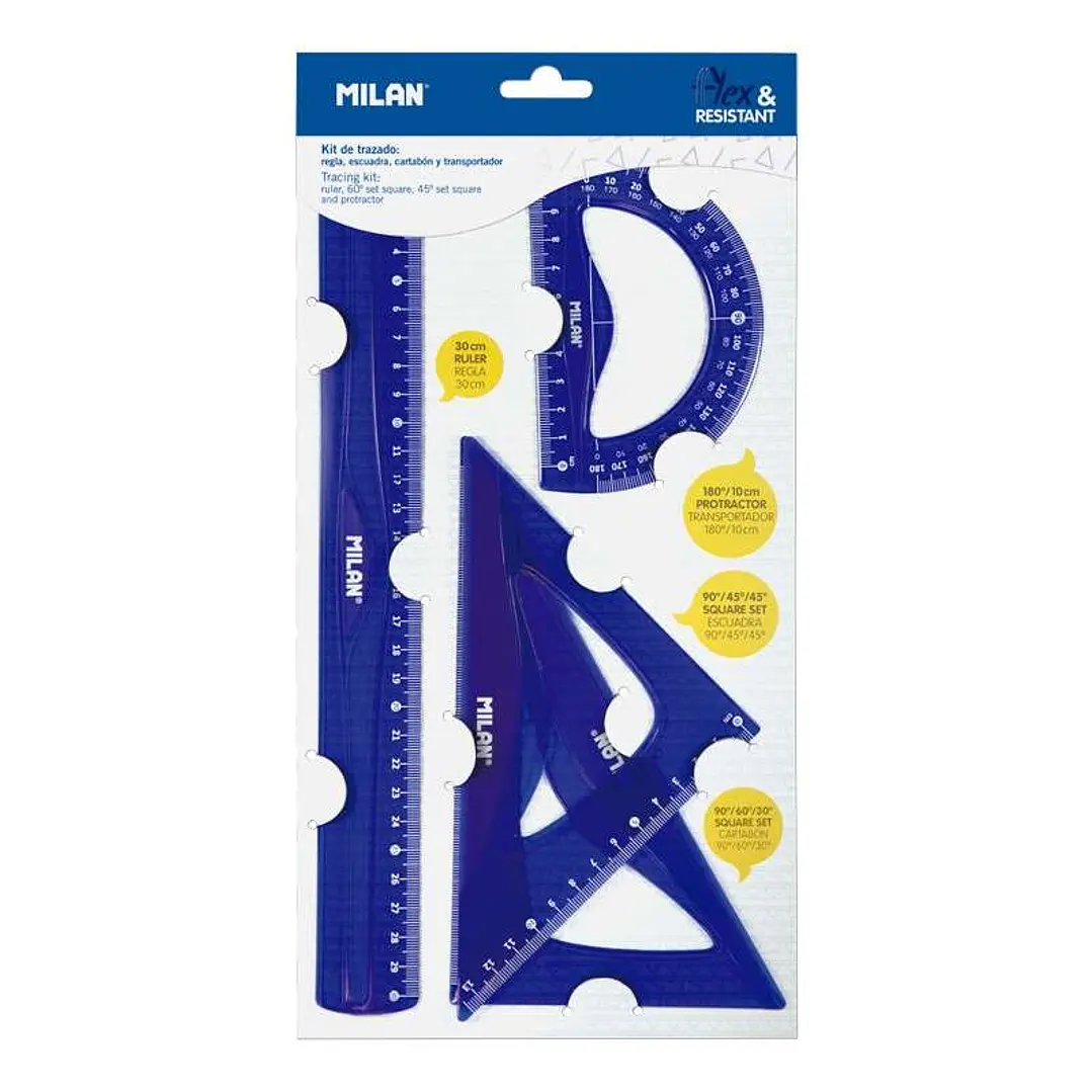 Milan Pack de 4 Reglas Flexibles y Resistentes - Regla, Escuadra, Cartabon y Transportador - Color Azul 1