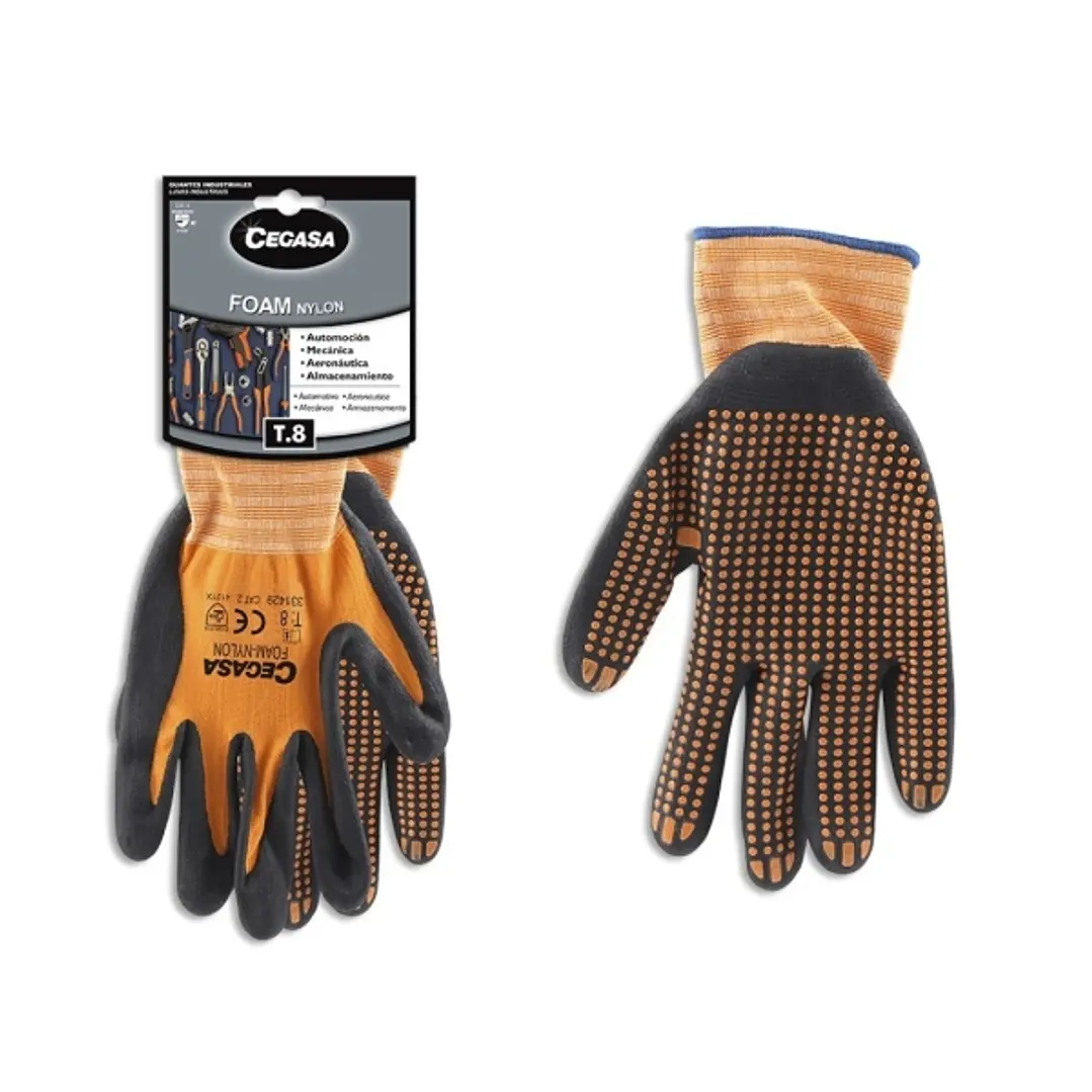 Cegasa Guantes de Trabajo Talla 8 - Fabricados en Nylon con Recubimiento de Foam con Dots de Nitrilo en Palma - Color Negro/Naranja 1