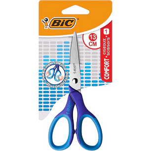Bic Comfort Tijera Escolar de Acero Inoxidable 13cm - Mango Suave - Uso Diestro - Colores Surtidos Aleatorio