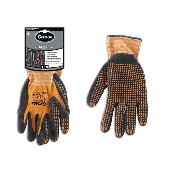 Cegasa Guantes de Trabajo Talla 10 - Fabricados en Nylon con Recubimiento de Foam con Dots de Nitrilo en Palma - Color Negro/Naranja 1