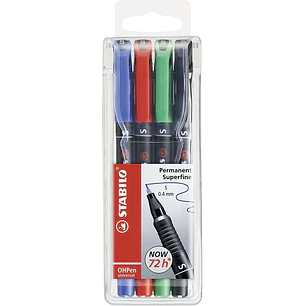 Stabilo OHPen Pack de 4 Rotuladores Permanentes - Punta Superfina - Trazo de 0.4mm - Agarre Antideslizante - Tapon Ventilado - Colores Surtidos