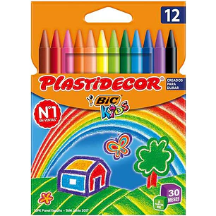 Bic Kids Plastidecor Caja de 12 Lapices de Cera - Extraresistentes - Facil de Sacar Punta - No Mancha