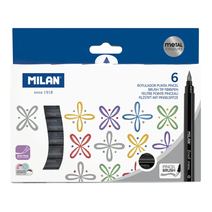 Milan Pack de 6 Rotuladores Punta Pincel Colores Metalizados - Tinta al Agua - Punta de Pincel 0.5 a 6mm - Colores Surtidos 1