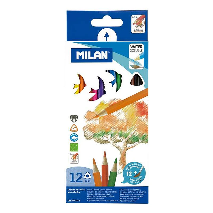 Milan Pack de 12 Lapices Triangulares de Colores Acuarelables + Pincel - Mina 2.9mm - Trazo Uniforme - Resistente a la Rotura - Madera de Bosques Sost 1