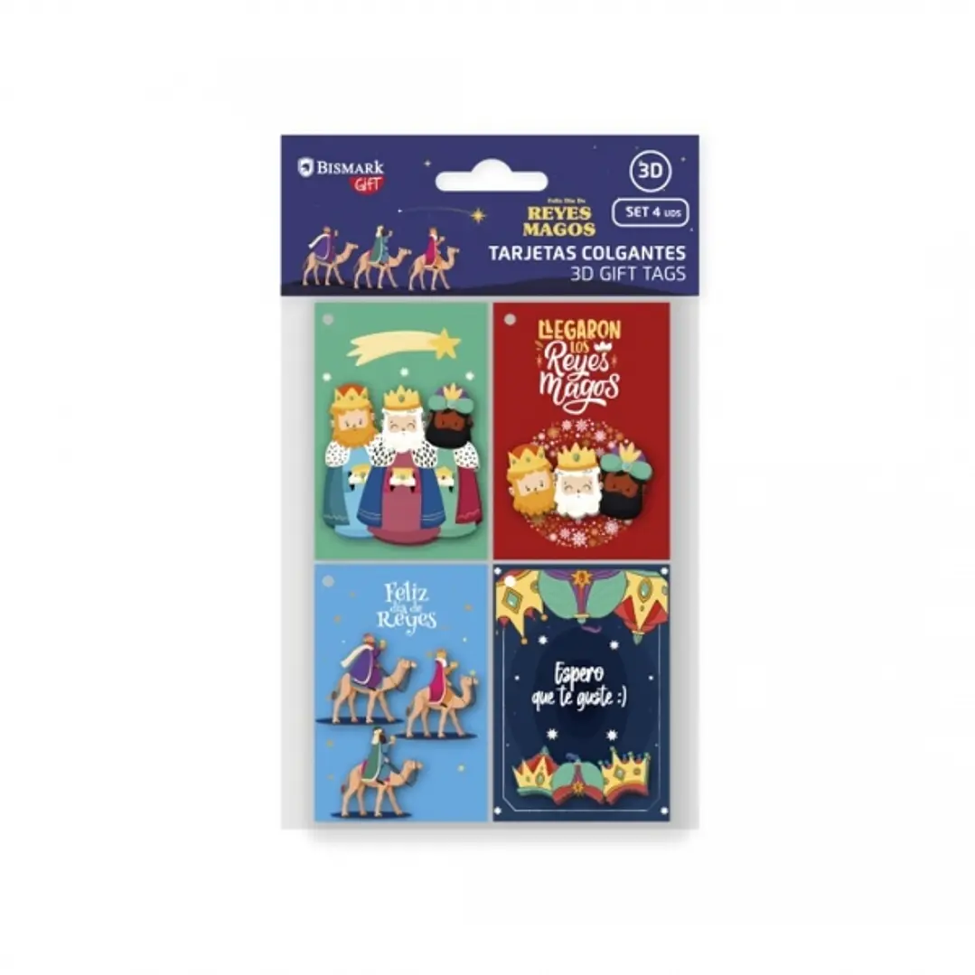 Bismark Pack de 4 Tarjetas de Felicitacion Navideña - Diseño con Relieve - Tamaño Cerrada 6x8cm,Abierta 12cm - Se Pueden Colgar - Incluyen Cordon 1
