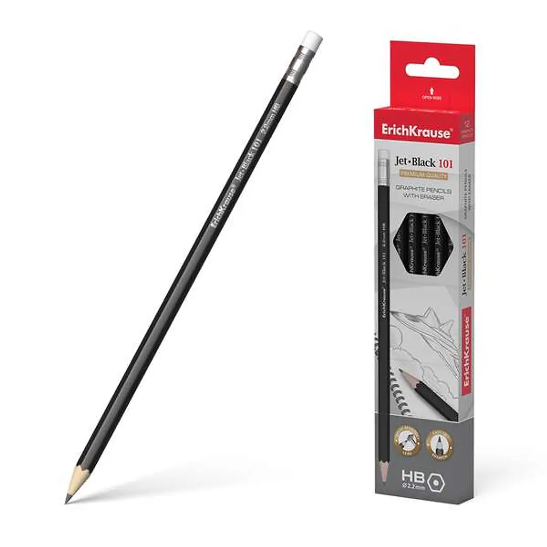 Erichkrause Jet Black 101 Lapiz de Grafito Hexagonal HB con Goma de Borrar - Resistente al Impacto - Color Negro 1