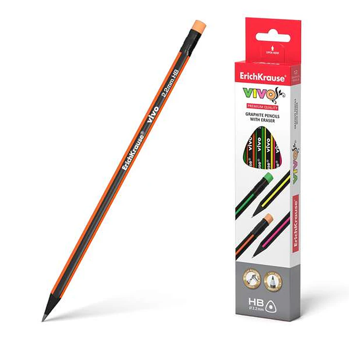 Erichkrause Vivo HB Lapiz de Grafito Triangular con Goma de Borrar - Madera Seleccionada - Alta Resistencia al Impacto - Facil Afilado - Cuerpo de Col 1