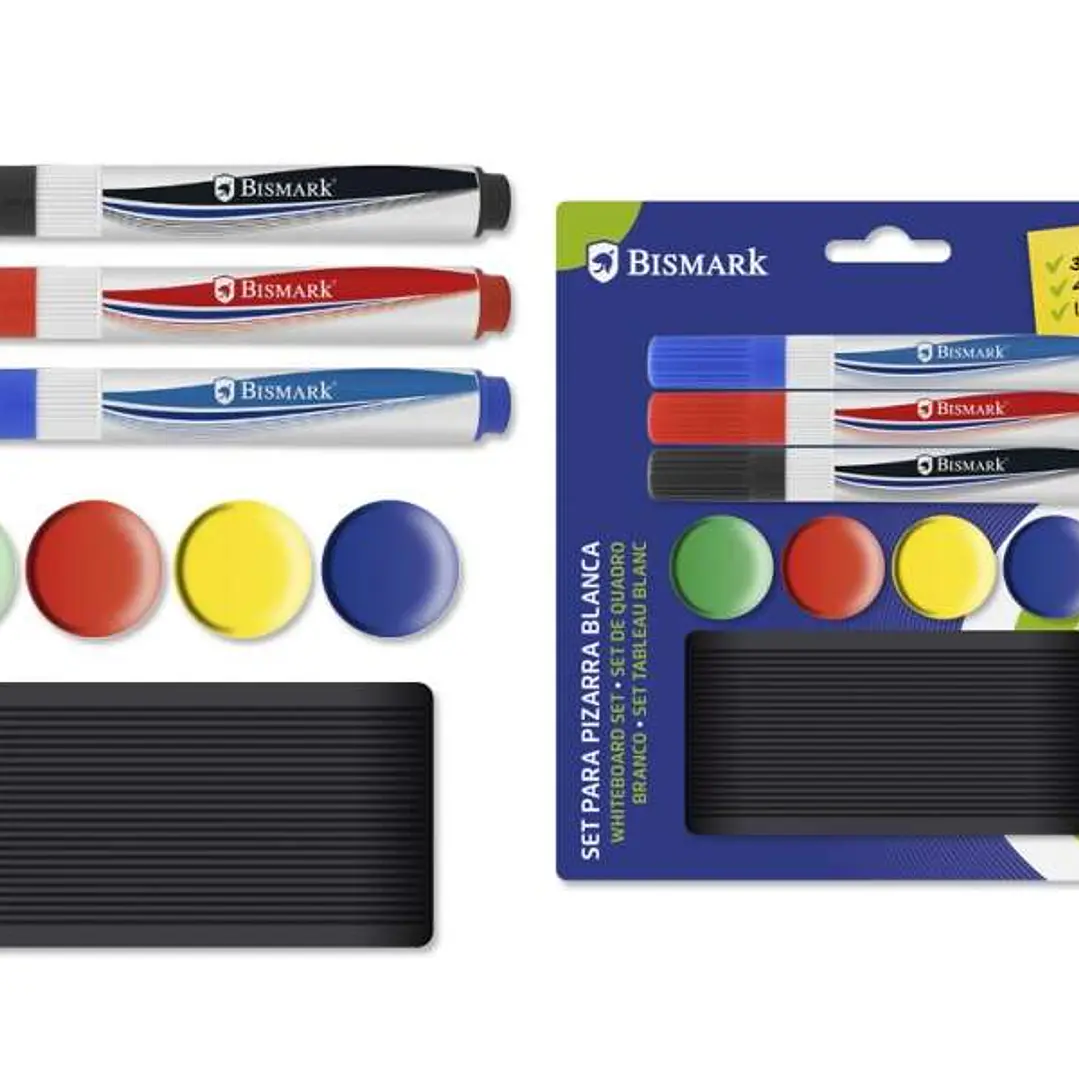 Bismark Pack de 3 Rotuladores para Pizarra + 4 Imanes + Borrador - Colores Surtidos 1