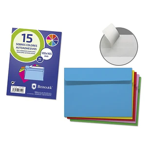 Bismark Pack de 15 Sobres de Papel 90gr - Medidas 120x165mm - Cierre Autoadhesivo - Colores Surtidos