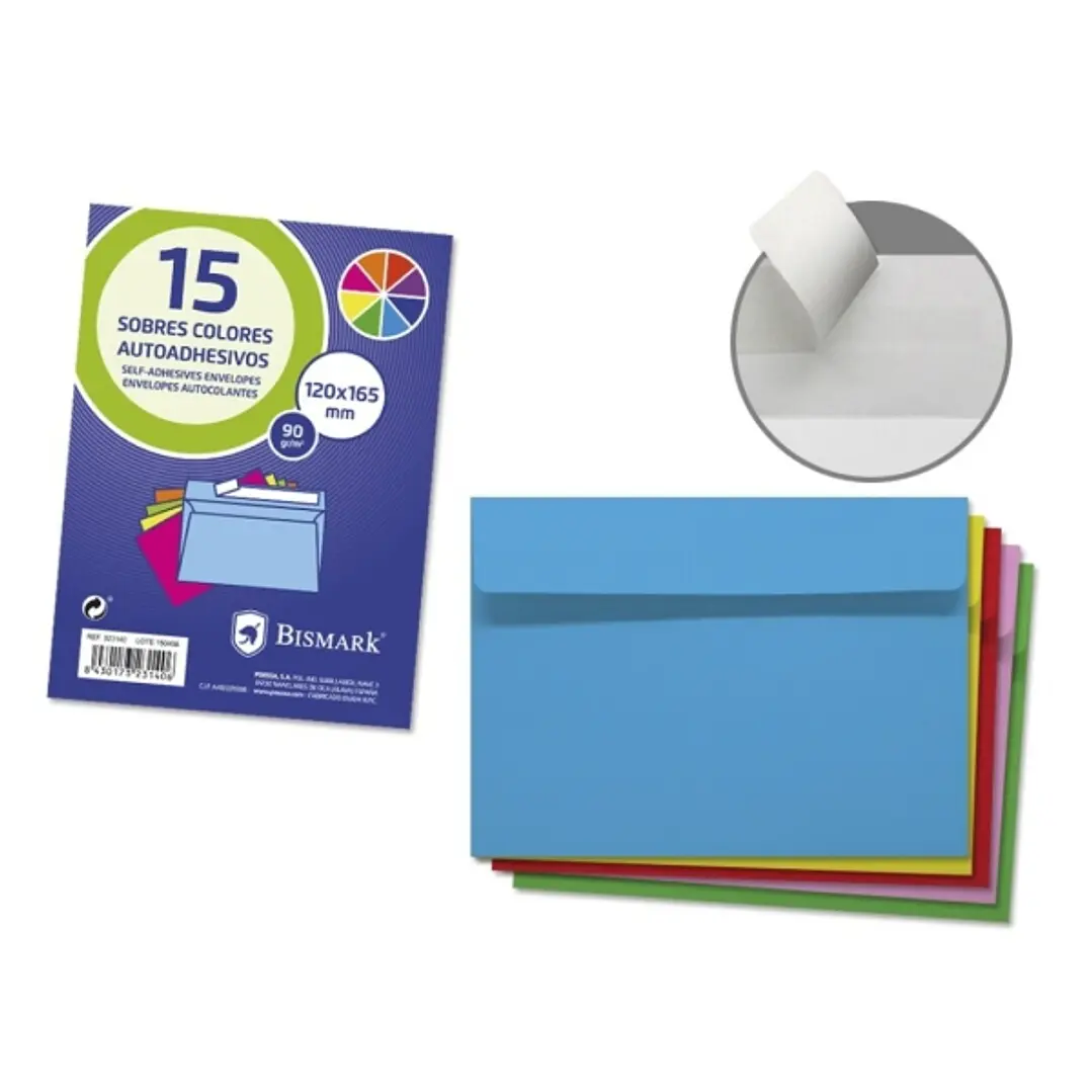 Bismark Pack de 15 Sobres de Papel 90gr - Medidas 120x165mm - Cierre Autoadhesivo - Colores Surtidos 1
