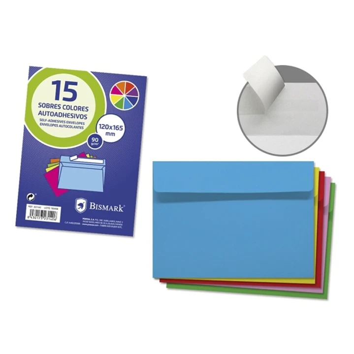 Bismark Pack de 15 Sobres de Papel 90gr - Medidas 120x165mm - Cierre Autoadhesivo - Colores Surtidos 1