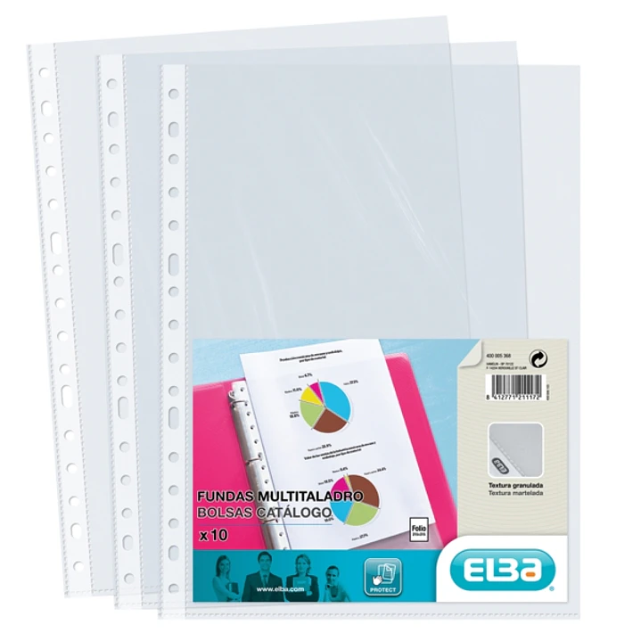 Elba Pack de 10 Fundas Multitaladro PP 90 Micras - Tamaño Folio - Acabado Piel Naranja - Transparente 1