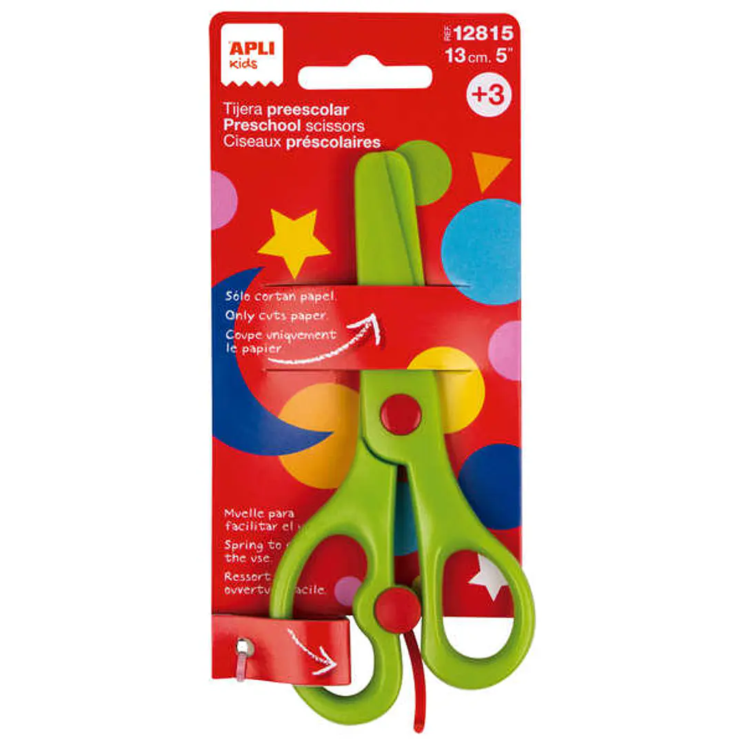 Apli Kids Tijera Preescolar Ergonomica 13cm - Muelle para Apertura Facil - Hojas de Plastico - Punta Redondeada - Ideal para Niños de 3+ - Color Verde 1