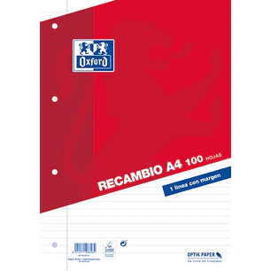 Oxford Classic Recambio de 100 Hojas Sueltas A4 1 Linea Horizontal con Margen 4 Taladros