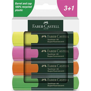 Faber-Castell Textliner 48 Pack de 4 Marcadores Fluorescentes - Punta Biselada - Trazo entre 1.2mm y 5mm - Tinta con Base de Agua - Colores Surtidos