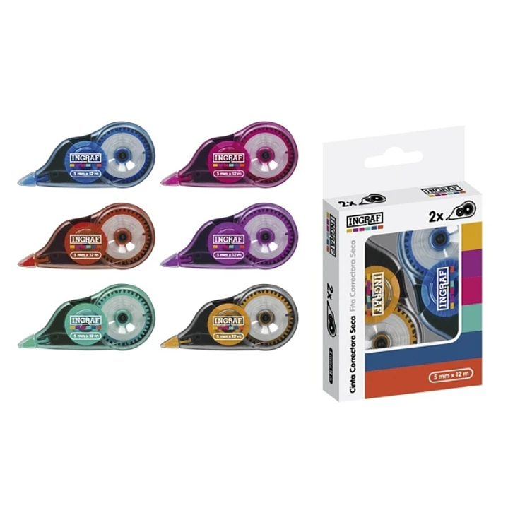 Ingraf Mediterraneo Pack de 2 Cintas Correctoras 5mmx12m - Perfecta Adherencia al Papel - Cuerpo de Colores Surtidos 1