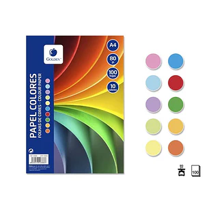 Golden Pack con 100 Hojas de Papel de Colores A4 80gr - 10 Hojas por Color - Colores Surtidos