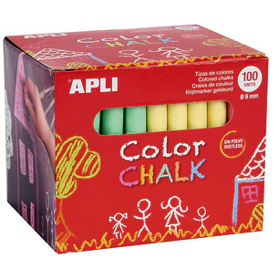 Apli Pack de 100 Tizas Redondas de Colores Surtidos Ø 9 x 80mm - Sin Polvo - Ideales para Escribir, Dibujar y Colorear en Pizarras y Pavimentos - Apta