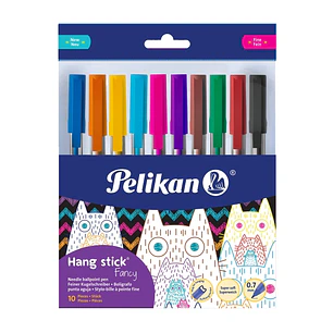 Pelikan Hang Stick Pack de 10 Boligrafos de Bola - Trazo de 0.7mm - Capuchon Antiasfixia - Cuerpo Triangular Ergonomico - Gancho - Tinta a Base de Ace