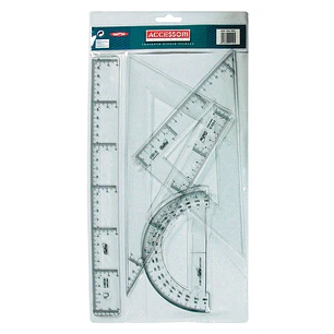 Safta Pack de 4 Reglas - Regla de 30cm - Escuadra de 25cm - Cartabon de 25cm - Semicirculo Transportador de Angulos - Biselado - Color Transparente