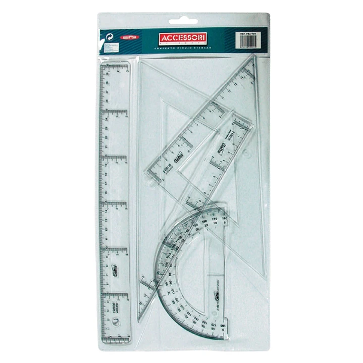 Safta Pack de 4 Reglas - Regla de 30cm - Escuadra de 25cm - Cartabon de 25cm - Semicirculo Transportador de Angulos - Biselado - Color Transparente 1