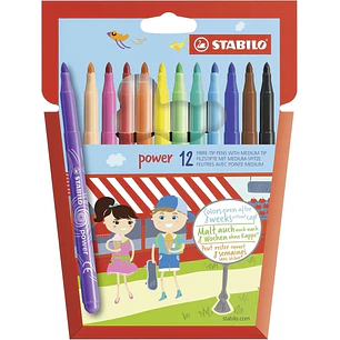 Stabilo Power Pack con 12 Rotuladores de Colores - Punta Media de 2mm - Tinta Lavable - Capuchon Ventilado - Colores Surtidos