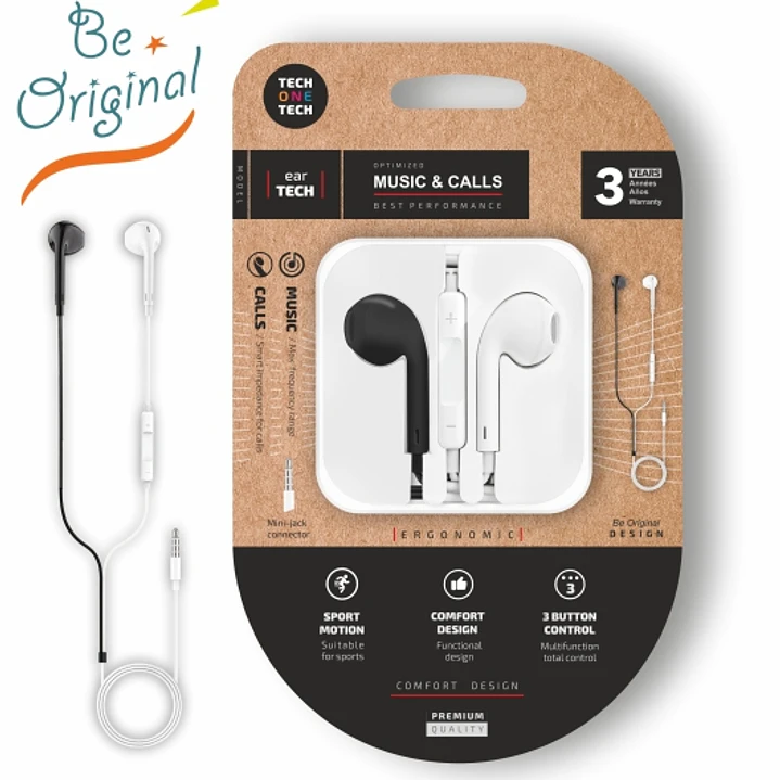 TechOneTech EearTech B&W Be Original Auriculares Intraurales - Microfono Integrado - Mini Jack 3.5mm - Cable de 1.20m - Blanco/Negro 1