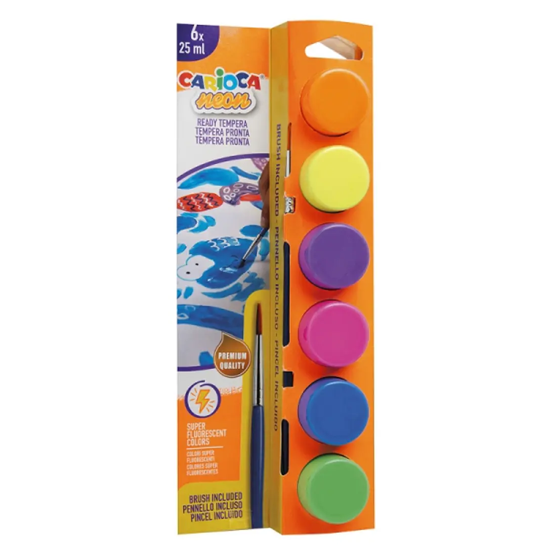 Carioca Neon Pack de 6 Temperas en Botes de 25ml + Pincel - Superlavables - Mezclables - Colores Neon Surtidos 1