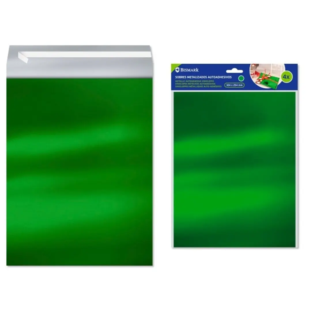 Bismark Pack de 4 Sobres Metalizados - Medidas 324x254mm - Cierre Autoadhesivo - Ideal para Regalos - Color Verde Metalizado 1